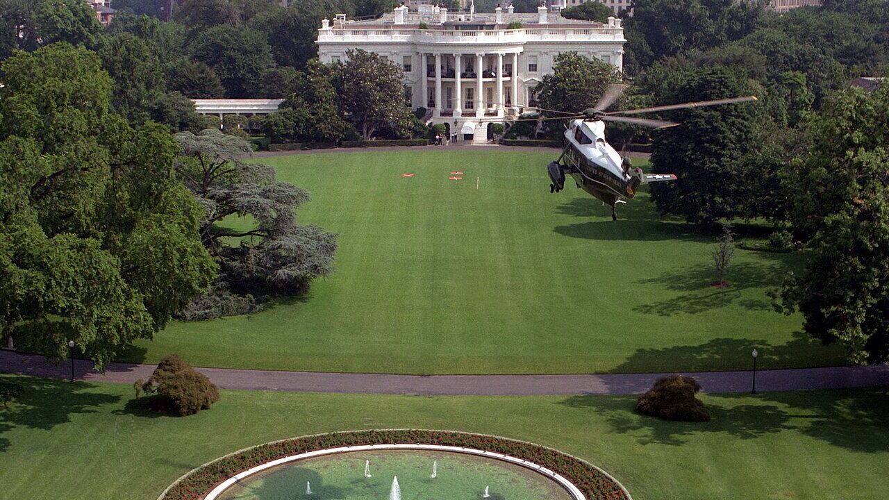 Marine One helicopter departing the White House South Lawn