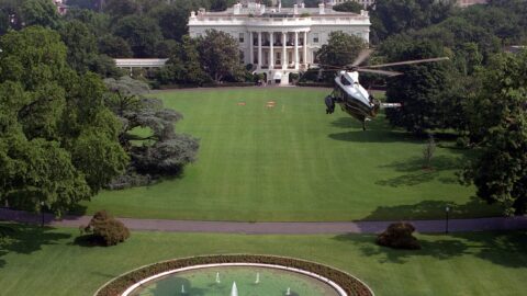 Marine One helicopter departing the White House South Lawn
