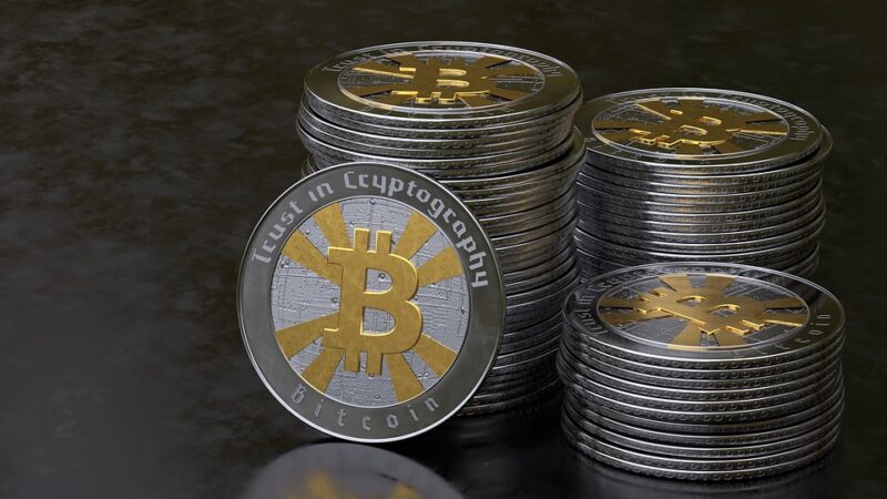 Stacks of physical Bitcoin cryptocurrency coins
