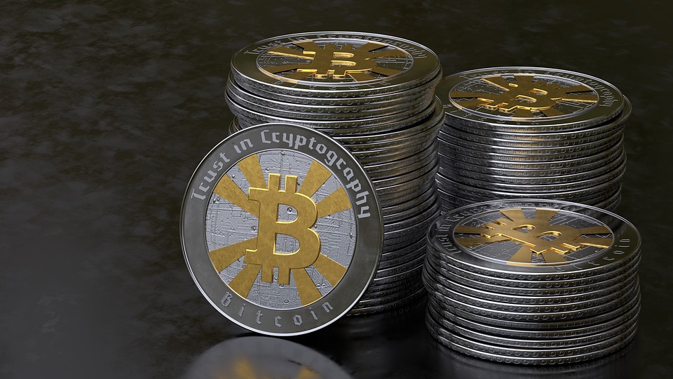 Stacks of physical Bitcoin cryptocurrency coins