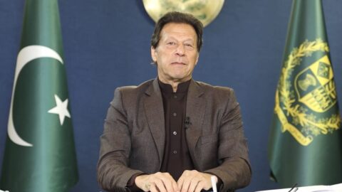 Former Pakistan prime minister Imran Khan answering questions at a public session