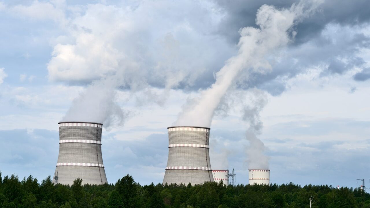 Cooling towers of a nuclear power plant releasing steam