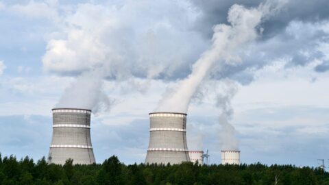 Cooling towers of a nuclear power plant releasing steam