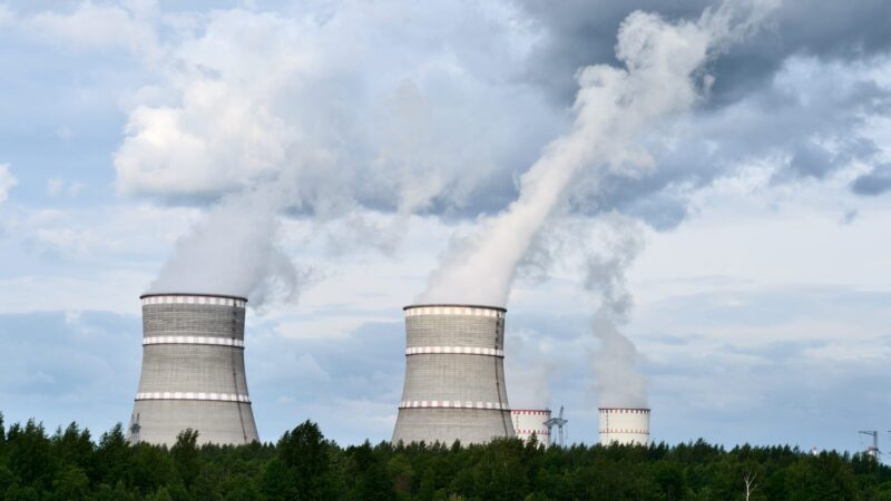 Cooling towers of a nuclear power plant releasing steam