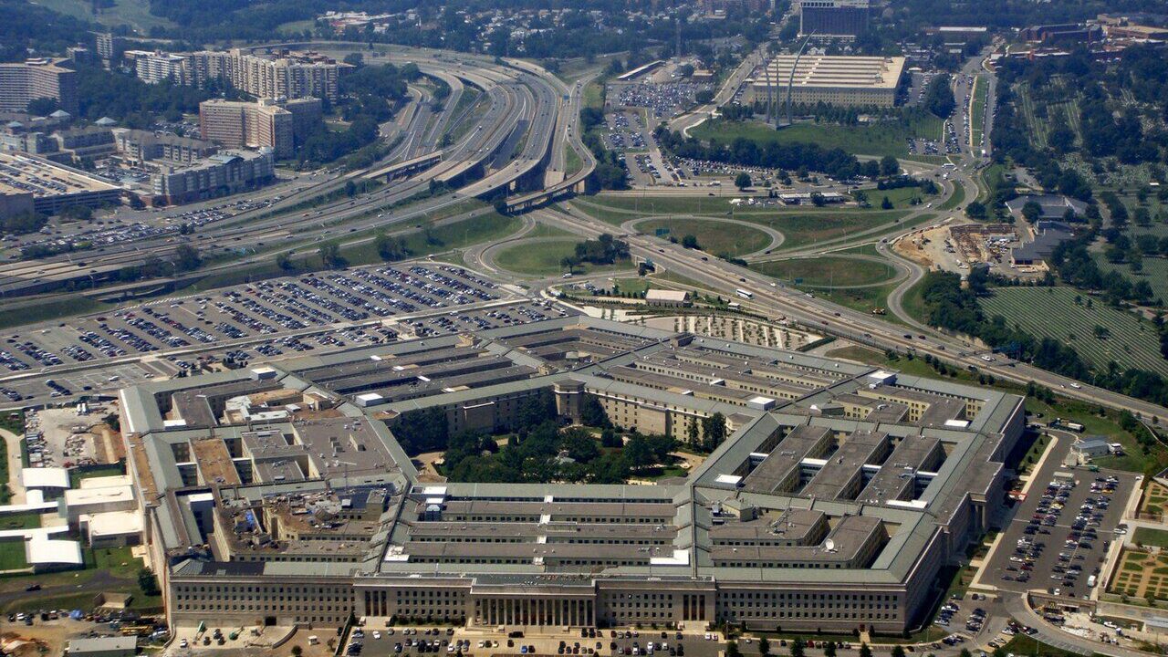 Aerial view of the Pentagon building in Arlington, Virginia, surrounded by roads and parking areas