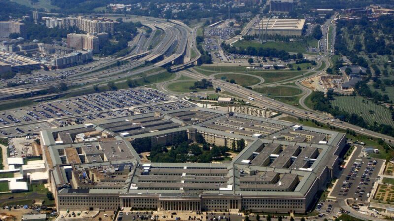 Aerial view of the Pentagon building in Arlington, Virginia, surrounded by roads and parking areas
