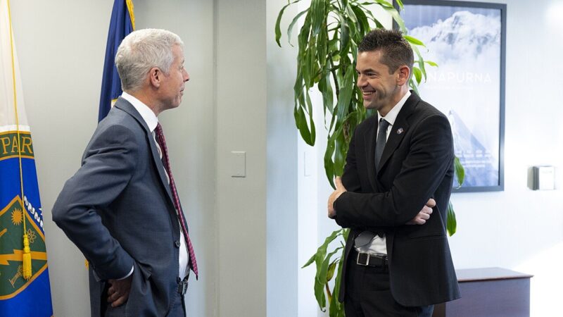 Two officials in suits talking beside national flags inside a government office