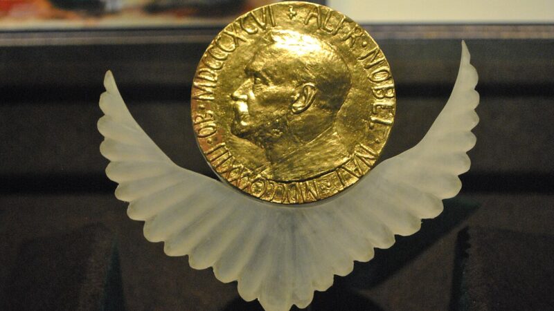 A Nobel Peace Prize gold medal on display