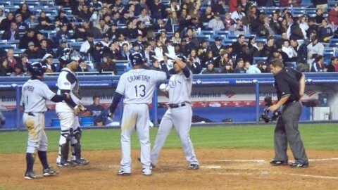Tampa Bay Rays players celebrating a home run at home plate