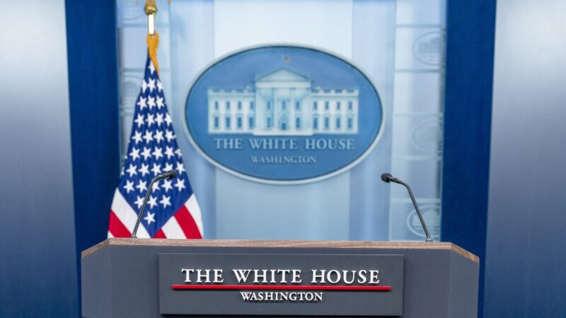 The empty podium in the James S. Brady Press Briefing Room at the White House